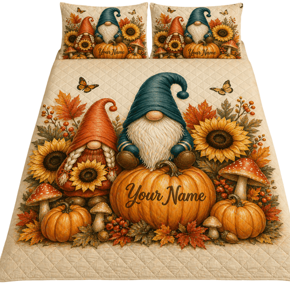 Lotusprint LLC 2D Print Personalized Gnome Pumpkin Quilt Bedding Set 70x80, Sunflower Autumn Harvest Cozy Bedroom Decor