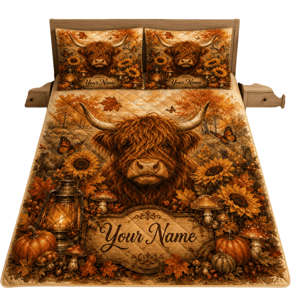 Lotusprint LLC 2D Print Personalized Highland Cow Autumn Quilt Bedding Set 90x100, Farm Animal Bedroom Decor for Cow Lovers