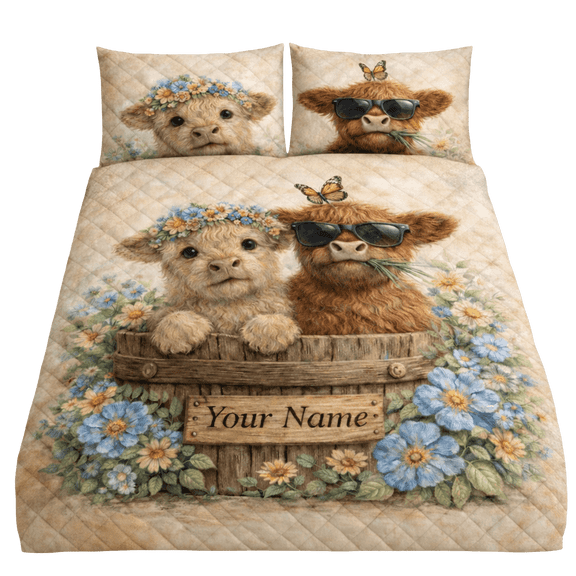 Lotusprint LLC 2D Print Personalized Highland Cow Quilt Bedding Set 55x60, Cute Farm Animal Floral Quilt Set