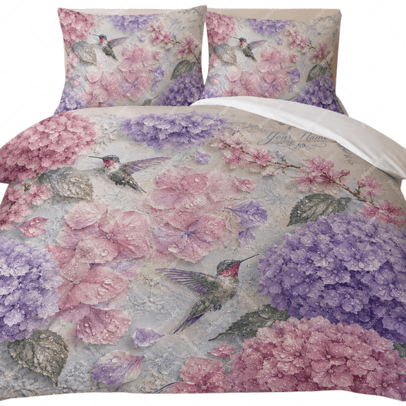 Lotusprint LLC 2D Print Personalized Hummingbird Hydrangea Bedding Set (60x80), Floral Bedroom Decor For Bird Lovers