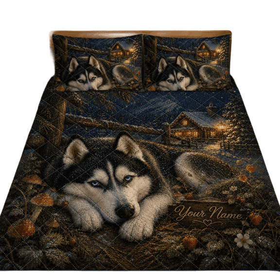 Lotusprint LLC 2D Print Personalized Husky Quilt Bedding Set 90x100, Rustic Wildlife Bedspread