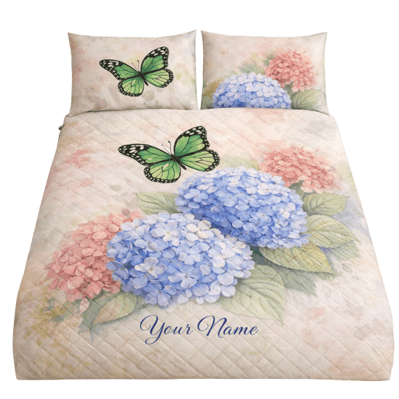 Lotusprint LLC 2D Print Personalized Hydrangea Flower Quilt Bedding Set 55x60, Custom Name Floral Quilt Set