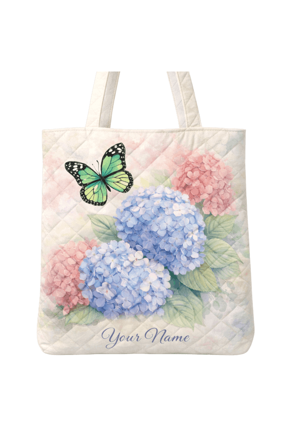 2D Print Personalized Hydrangea Flower Quilted Tote Bag, Custom Name Floral Quilted Shoulder Bag