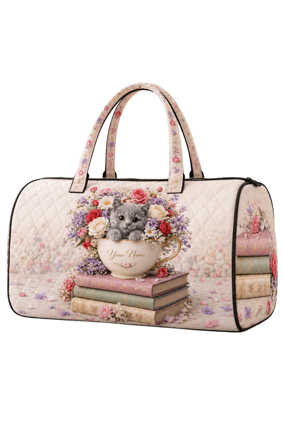 2D Print Personalized Kitten Teacup Quilted Weekend Bag, Cat Lover Bag