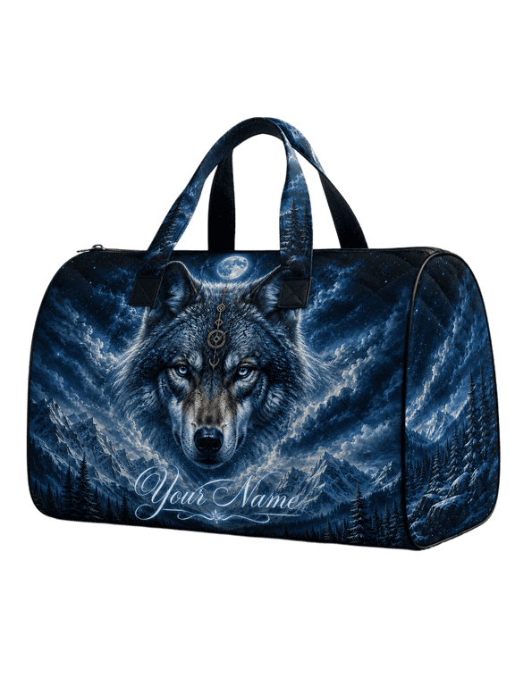 2D Print Personalized Moonlit Wolf Mountain Quilted Weekend Bag, Wilderness Travel Duffel
