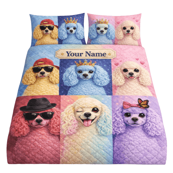 Lotusprint LLC 2D Print Personalized Poodle Dog Quilt Bedding Set 90x100, Cute Colorful Poodle Quilt Set