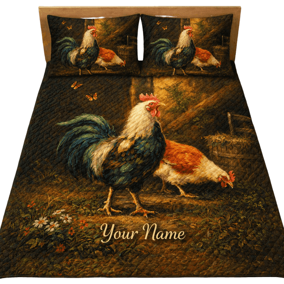 Lotusprint LLC 2D Print Personalized Rooster Farm Quilt Bedding Set 90x100, Rustic Chicken Bedding for Farmhouse Decor
