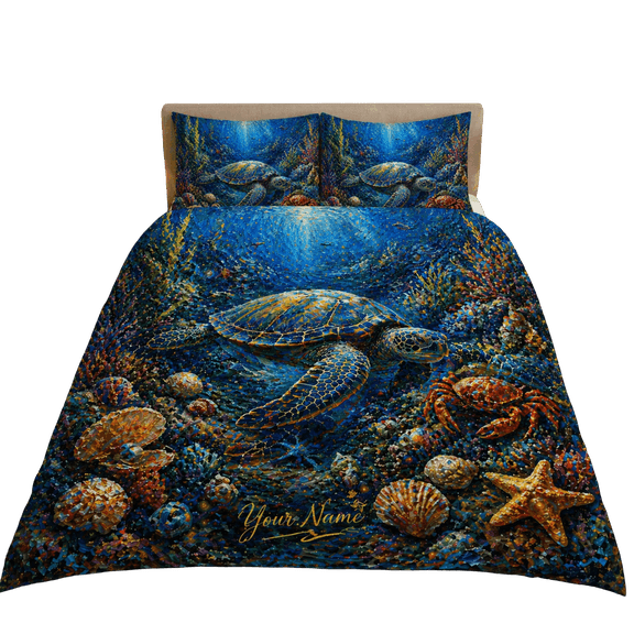 Lotusprint LLC 2D Print Personalized Sea Turtle Ocean Coral Bedding Set (60x80), Coastal Marine Turtle Bedroom Decor