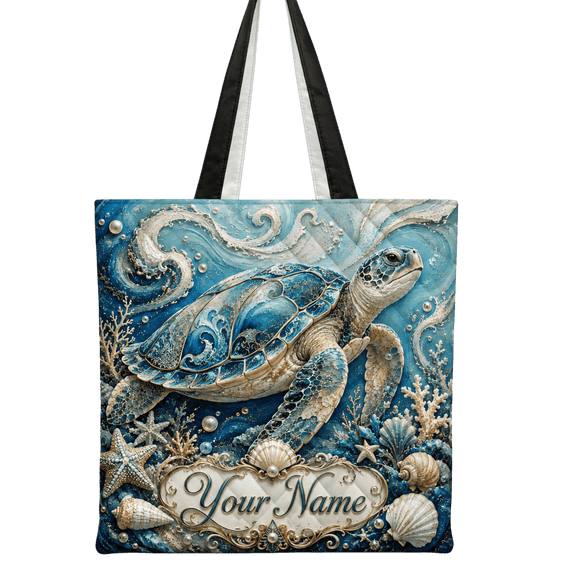 Lotusprint LLC 2D Print Personalized Sea Turtle Quilted Tote Bag, Coastal Ocean Shoulder Handbag