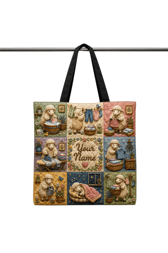 2D Print Personalized Sheep Laundry Quilted Tote Bag, Everyday Carry Gift For Farmhouse Lovers