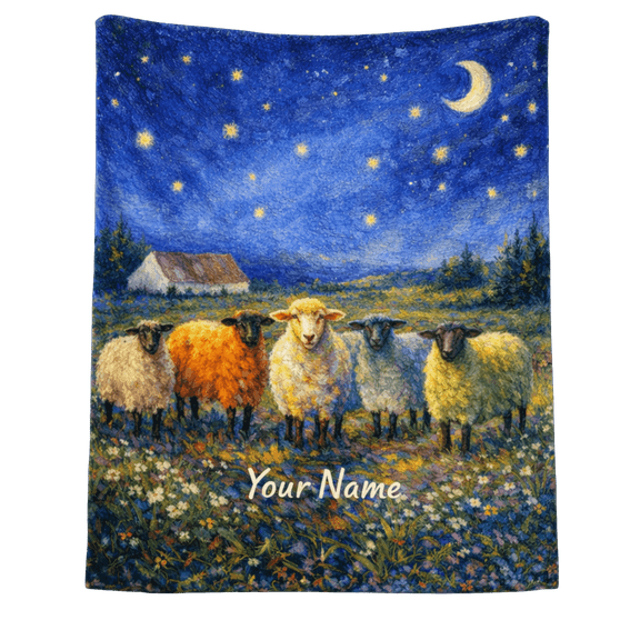 Lotusprint LLC 2D Print Personalized Sheep Night Sky Fleece Blanket, 80"x60", Farm Animal Starry Field Custom Name Gift