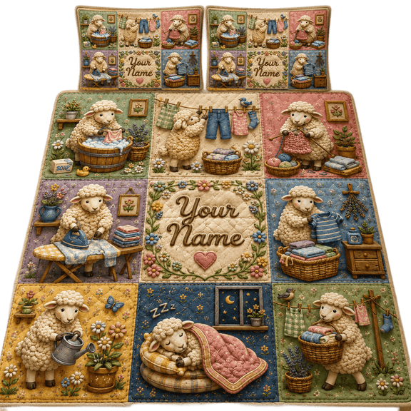 Lotusprint LLC 2D Print Personalized Sheep Patchwork Quilt Bedding Set 90x100, Cute Farm Animal Bedroom Decor
