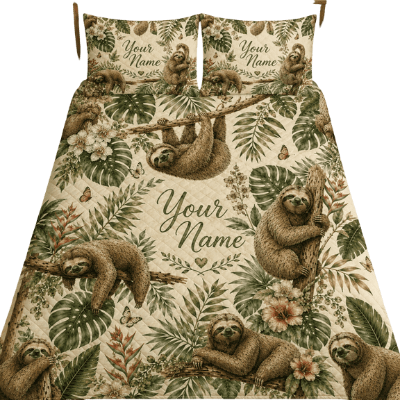 Lotusprint LLC 2D Print Personalized Sloth Tropical Quilt Bedding Set 70x80, Jungle Animal Bedroom Decor for Sloth Lovers