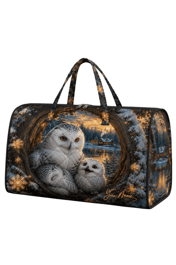 2D Print Personalized Snowy Owl Family Quilted Weekend Bag, Winter Travel Bag
