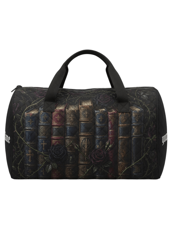 2D Print Personalized Vintage Book Lovers Quilted Weekend Bag, Gothic Library Travel Duffel Bag