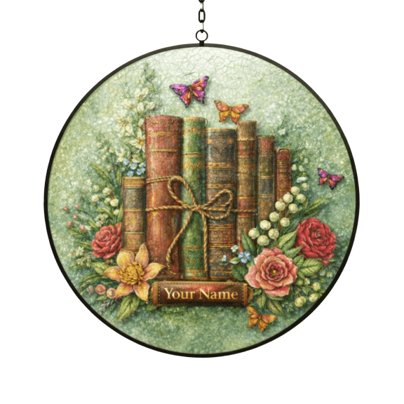 Lotusprint LLC 2D Print Personalized Vintage Books Custom Shape Window Hanging Suncatcher , Floral Library Design Custom Name Ornament