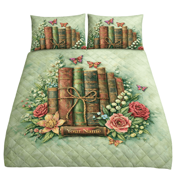 Lotusprint LLC 2D Print Personalized Vintage Books Quilt Bedding Set 55x60, Custom Name Library Style Quilt Set