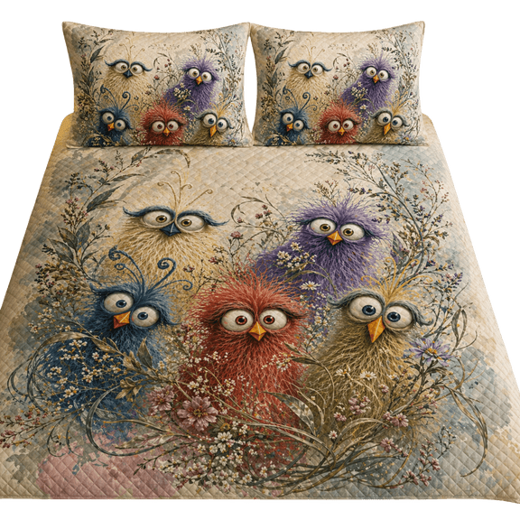 Lotusprint LLC 2D Print Personalized Whimsical Bird Quilt Bedding Set 90x100, Cute Colorful Bird Quilted Bedspread