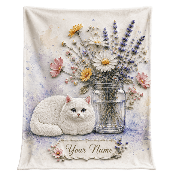 Lotusprint LLC 2D Print Personalized White Cat Floral Fleece Blanket, 80"x60", Cat Throw Blanket for Pet Lovers