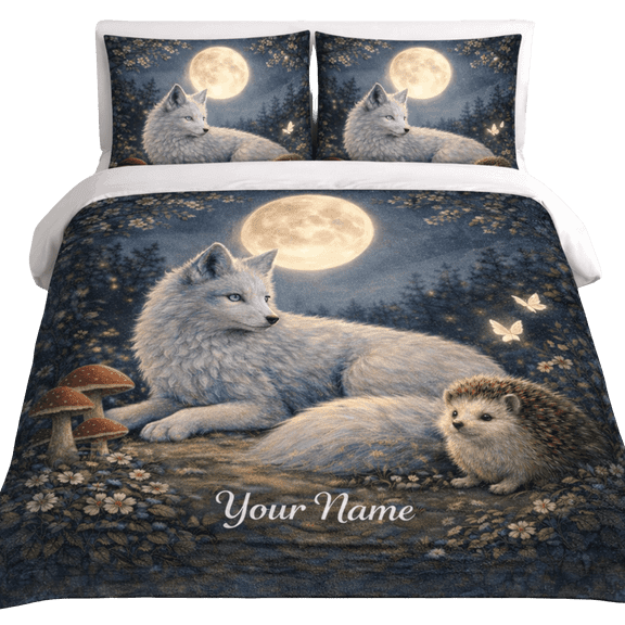 Lotusprint LLC 2D Print Personalized White Fox Moon Bedding Set (104x88), Woodland Forest Animal Bedroom Decor