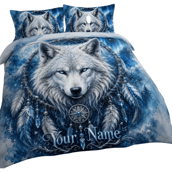 Lotusprint LLC 2D Print Personalized White Wolf Dreamcatcher Bedding Set (104x88), Fantasy Animal Comforter Set Bedroom Decor
