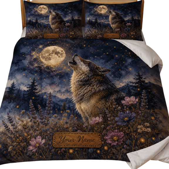 Lotusprint LLC 2D Print Personalized Wolf Moon Bedding Set (88x88), Celestial Floral Wolf Comforter Set