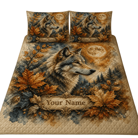 Lotusprint LLC 2D Print Personalized Wolf Quilt Bedding Set 55x60, Rustic Autumn Wolf Bedroom Decor