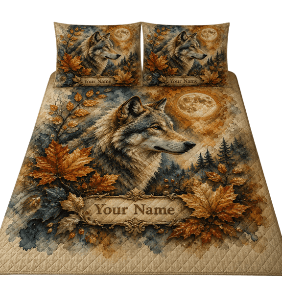 Lotusprint LLC 2D Print Personalized Wolf Quilt Bedding Set 90x100, Rustic Autumn Wolf Bedroom Decor