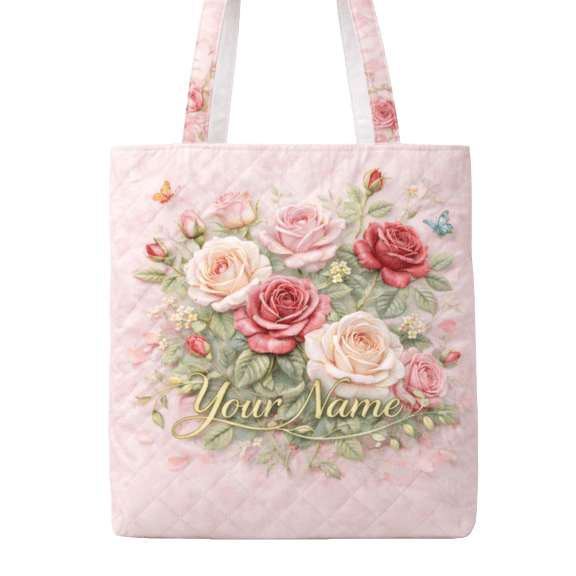 Lotusprint LLC 2D Print Pink Rose Floral Design Quilted Tote Bag,Elegant Flower Gift for Women
