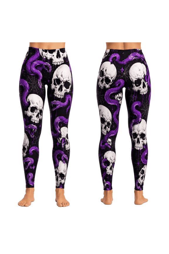 2D Print Purple Venom Skull Standard Leggings, Snake Skull Yoga Pants