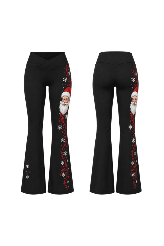 2D Print Red Santa Side Panel Custom All-over Print Flare Leggings, Festive Christmas Bell Bottom Pants