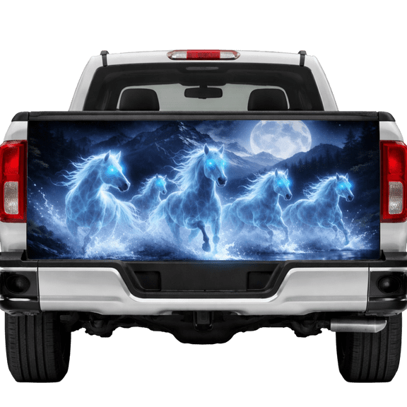Lotusprint LLC 2D Print Running Horses Tailgate Wrap 2 Sizes (24"x58"), Glowing Blue Horses Moonlight Fantasy Pickup Sticker
