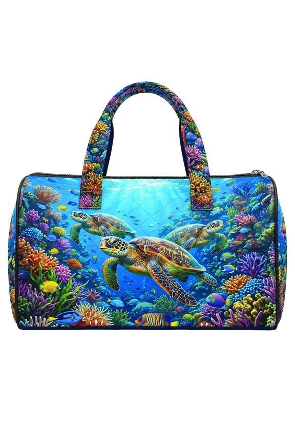 2D Print Sea Turtle Coral Reef Quilted Weekend Bag, Ocean Life Travel Duffel
