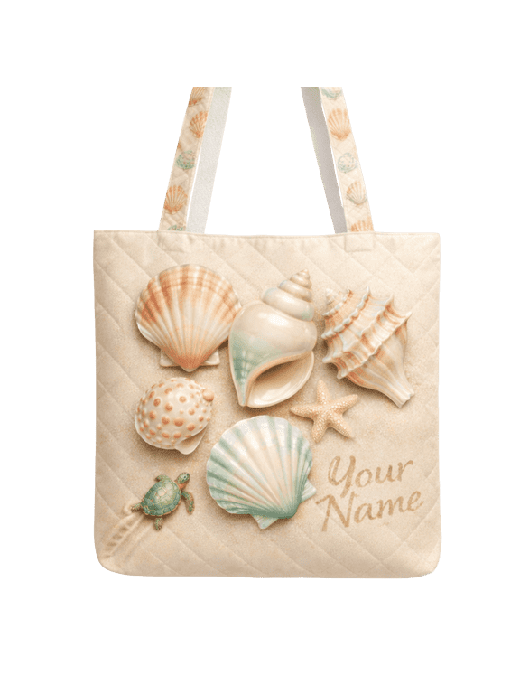 2D Print Seashell Beach Quilted Tote Bag, Ocean Theme Shoulder Tote