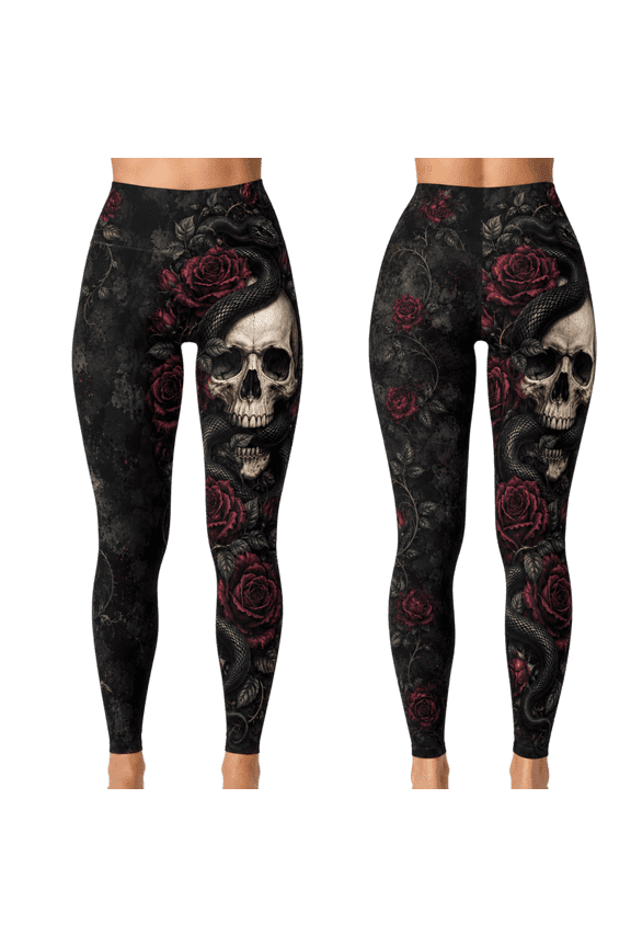 2D Print Skull Snake Rose Custom All-over Print High-Waist Standard & Flare Leggings, Gothic Serpent Floral Yoga Pants