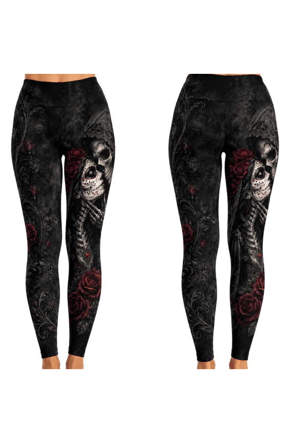 2D Print Sugar Skull Rose Custom All-over Print High-Waist Standard & Flare Leggings, Gothic Skeleton Floral Pants