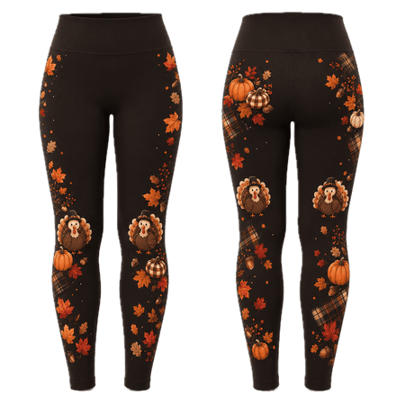 Lotusprint LLC 2D Print Turkey Pumpkin Maple Leaf Standard Leggings, Thanksgiving Yoga Pants