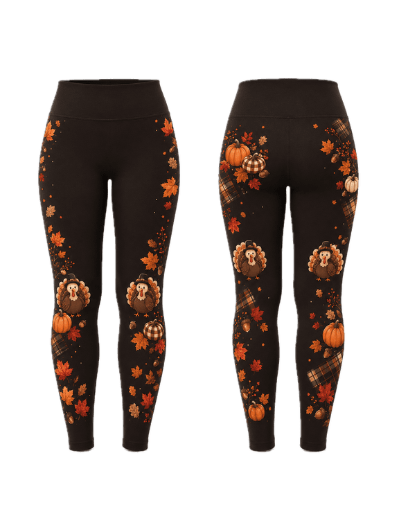 2D Print Turkey Pumpkin Maple Leaf Standard Leggings, Thanksgiving Yoga Pants
