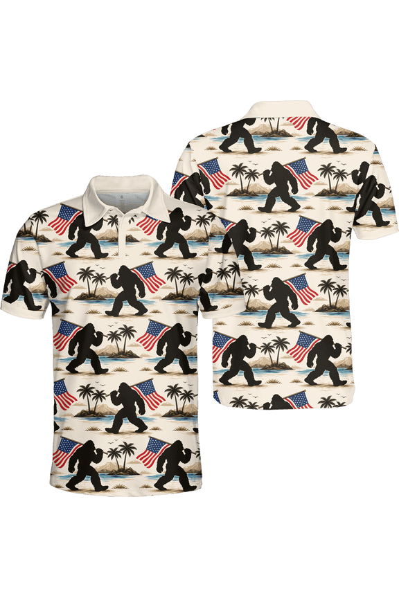 2D Print USA Bigfoot American Flag Polo Shirt, Patriotic Sasquatch Beach Pattern Polo
