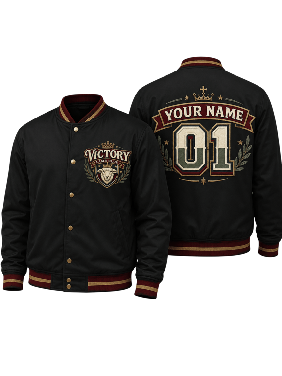 2D Print Victory Lamb Bomber Jacket, Personalized Christian Varsity Jacket