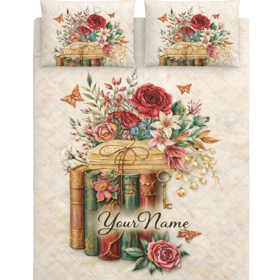 Lotusprint LLC 2D Print Vintage Books Floral Quilt Bedding Set 90x100, Library Flower Personalized Blanket Gift