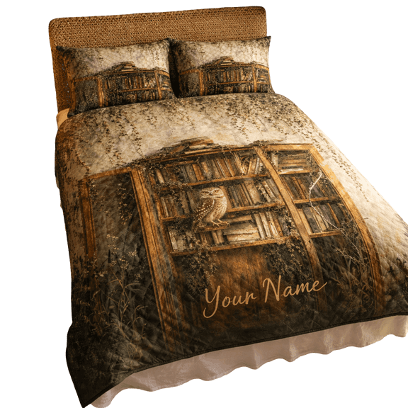 Lotusprint LLC 2D Print Vintage Library Owl Personalized Quilt Bedding Set 70x80, Nature Book Theme Design
