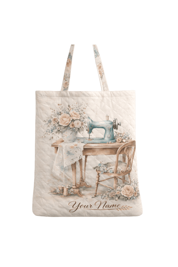 2D Print Vintage Sewing Vintage Quilted Tote Bag, Classic Machine Floral Craft Shoulder Bag Gift