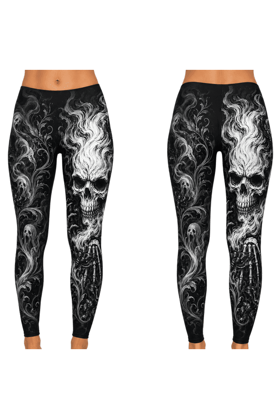 2D Print White Skull Smoke Custom All-over Print High-Waist Standard & Flare Leggings, Gothic Ghost Pants