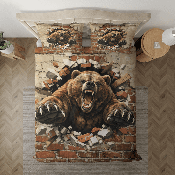 Lotusprint LLC 3D Illusion Bear Breaking Wall Flat 2D Print Bedding Set (60x80), Fierce Brown Bear Brick Wall Bedroom Decor