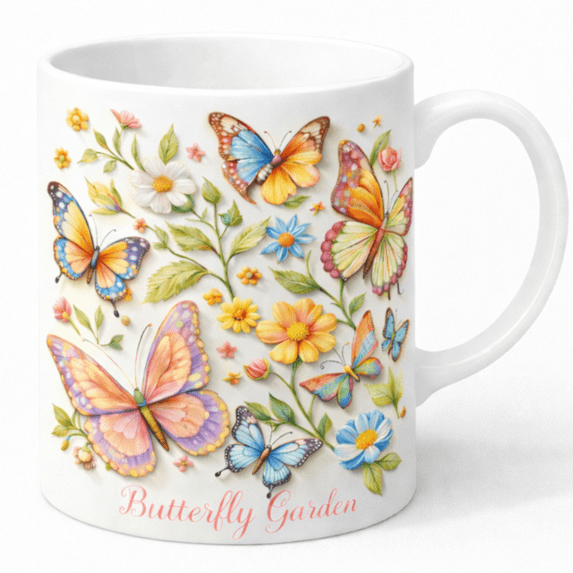 Lotusprint LLC 3D Illusion Butterfly Garden Accent Mug, Colorful Design Gift for Nature and Flower Lovers 11oz, Light Blue