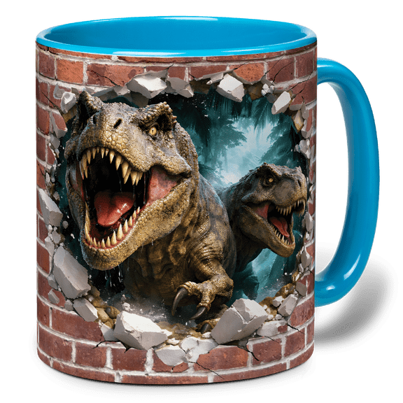 Lotusprint LLC 3D Illusion Dinosaur Breaking Wall 2D Print Flat Ceramic Mug, Gift for Dino Lovers 15oz, Black