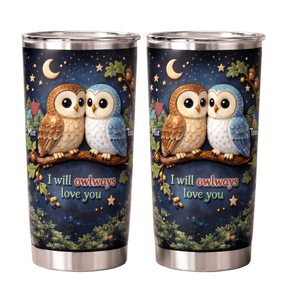 Lotusprint LLC 3D Illusion Personalized Owl Couple Stainless Tumbler 20oz Flat 2D Print, White