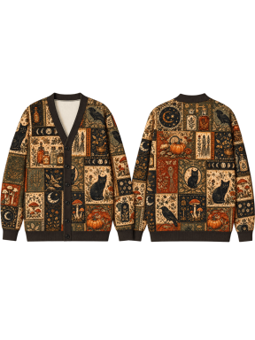 Apothecary Cat Halloween Knitted Cardigan, Vintage Patchwork Button Sweater