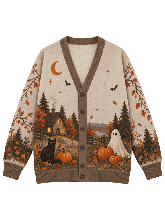 Autumn Black Cat Ghost Knitted Cardigan, Cottage Pumpkin Sweater